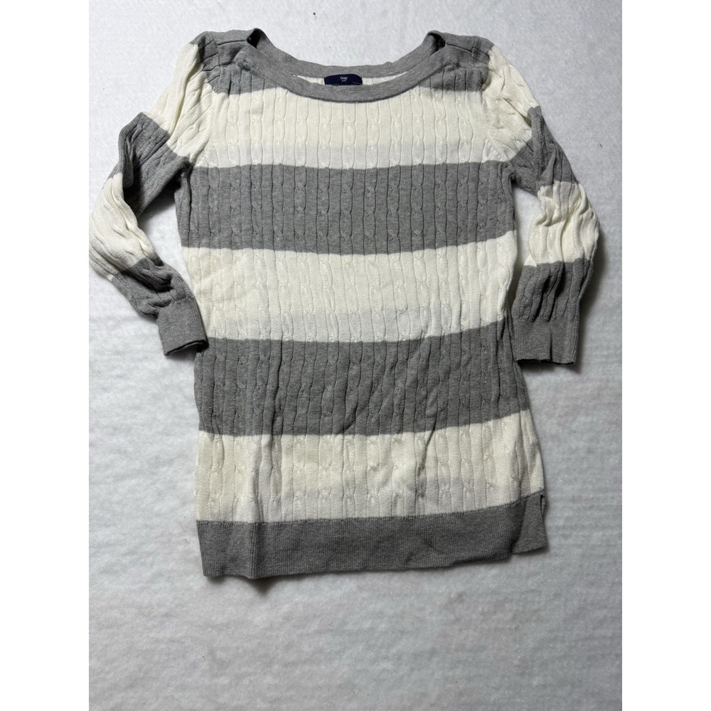 Gap Women's Medium Gray White Striped Cable Knit Sweater Long Sleeve‎ M